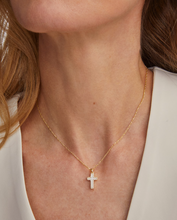 Load image into Gallery viewer, Cross Gold Pendant Necklace in White Lab Grown Opal
