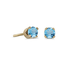 Load image into Gallery viewer, 14 karat yellow gold 3mm Blue Topaz stud earrings.