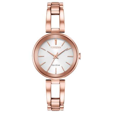 Ladies Citizen Watch EM0633-53A. This sleek Axiom model is shown in a rose gold-tone stainless steel case and band with a silver dial. Features include: Eco-Drive technology, mineral crystal and up to 50 meter water resistance.