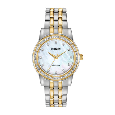 Ladies Citizen Watch EM0774-51D. This watch is shown in a two-tone stainless steel case and band and a white mother-of-pearl dial with crystal accents and a crystal bezel. Features include: Eco-Drive technology, mineral crystal, and up to 50 meter water resistance. 