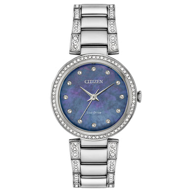  Ladies Citizen Watch EM0840-59N. This watch is shown in a stainless steel case and band and a blue mother-of-pearl dial with crystal accents throughout the watch. Features include: Eco-Drive technology, mineral crystal, and water resistance up to 50 meters.