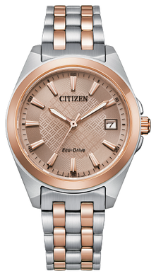 Ladies Citizen Watch EO1226-59X. This watch is shown in a two-tone rose plated and white stainless steel case and band and a light brown dial with a date window. Features include: Eco-Drive technology, sapphire crystal, and up to 100 meter water resistance. 