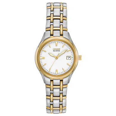 Ladies Citizen Watch EW1264-50A. This Silhouette model is shown in a two-tone stainless steel case and band and a white dial with a date window. Features include: Eco-Drive technology, mineral crystal, luminous hands, and up to 30 meter water resistance. 