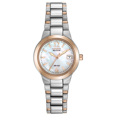  Ladies Citizen Watch EW1676-52D. This watch is shown in a two-tone rose and stainless steel case and band and a mother-of-pearl dial with a date window. Features include: Eco-Drive technology, luminous hands and markers, mineral crystal, and up to 100 meter water resistance. 