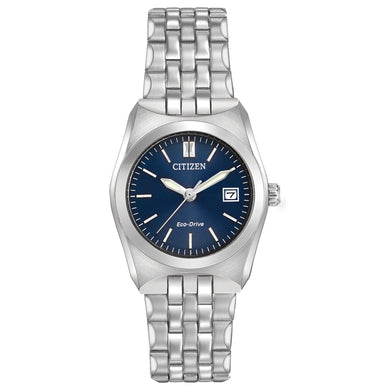  Ladies Citizen Watch EW2290-54L. This Corso model is shown in a stainless steel case and band and a dark blue dial with a date window. Features include: Eco-Drive technology, luminous hands, mineral crystal, and water resistance up to 100 meters. 
