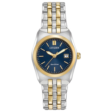 Ladies Citizen Watch EW2294-53L. This Corso model is shown in a two-tone stainless steel case and band and a dark blue dial with a date window. Features include: Eco-Drive technology, luminous hands, mineral crystal, and water resistance up to 100 meters. 