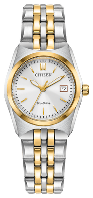 Ladies Citizen Watch EW2299-50A. This Corso model is shown in a two tone case and band and a white dial with a date window. Features include: Eco-Drive technology, mineral crystal, and water resistance up to 100 meters.