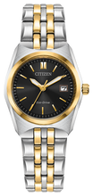 Load image into Gallery viewer, Ladies Citizen Watch EW2299-50E. This Corso model is shown in a two tone case and band and a black dial with a date window. Features include: Eco-Drive technology, mineral crystal, and up to 100 meter water resistance.