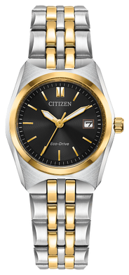 Ladies Citizen Watch EW2299-50E. This Corso model is shown in a two tone case and band and a black dial with a date window. Features include: Eco-Drive technology, mineral crystal, and up to 100 meter water resistance. 