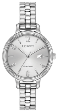 Ladies Citizen Watch EW2440-53A. This Chandler timepiece is shown in a stainless steel case and band and a silver dial with a date window. Features include: Eco-Drive technology, mineral crystal, and water resistance up to 50 meters.  