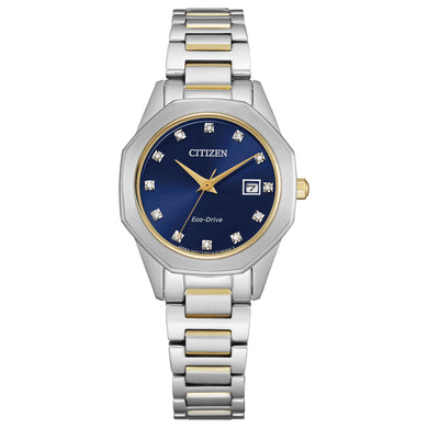 Ladies Citizen Watch EW2584-53L. This Corso model is shown in a two-tone stainless steel case and band and a blue dial with diamonds to mark the hours and a date window. Features include: Eco-Drive technology, sapphire crystal, and water resistance up to 50 meters. 