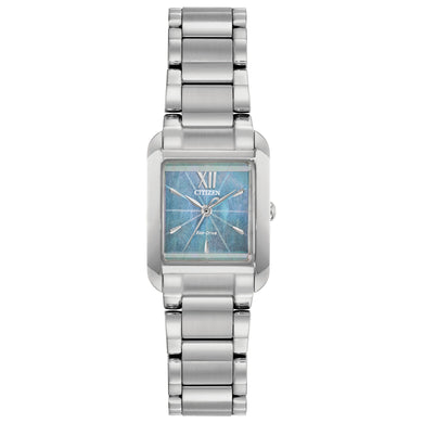  Ladies Citizen Watch EW5551-56N. This watch is shown in a stainless steel case and band with a rectangular shaped light blue mother-of-pearl dial. Features include: Eco-Drive technology, sapphire crystal, and water resistance up to 50 meters. 