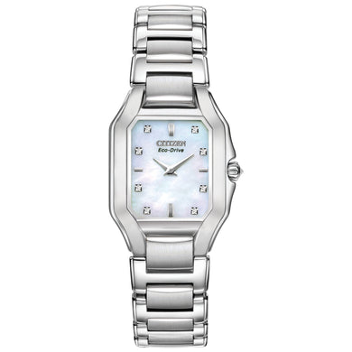Ladies Citizen Watch EX1190-58D. This Signature model is shown in a stainless steel case and band and a white mother-of-pearl dial with nine accent diamonds including one on the crown. Features include: Eco-Drive technology, sapphire crystal, and water resistance up to 30 meters.