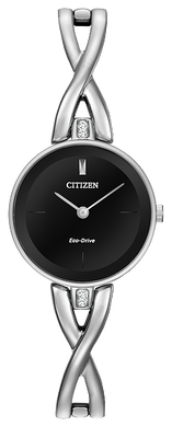 Ladies Citizen Watch EX1420-50E. This Axiom model is shown in a stainless steel case and band with a black dial. Features include: Eco-Drive technology and up to 30 meter water resistance. 