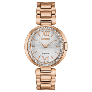 Ladies Citizen Watch EX1503-54A. This Capella model is shown in a rose gold tone stainless steel case and band, a diamond bezel, and a silver dial. Features include: Eco-Drive technology, sapphire crystal, and water resistance up to 50 meters. 