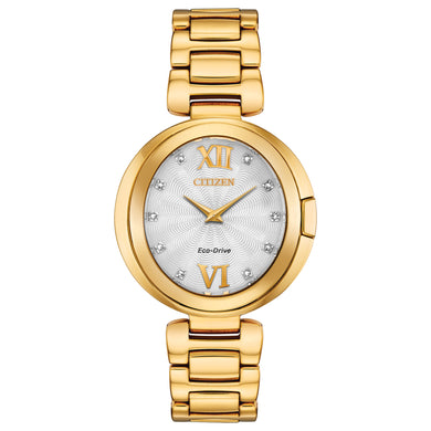  Ladies Citizen Watch EX1512-53A. This Capella model is shown in a gold tone stainless steel case and band and a silver dial with diamond accents. Features include: Eco-Drive technology, sapphire crystal, and water resistance up to 50 meters. 