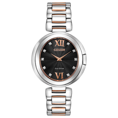 Ladies Citizen Watch EX1516-52E. This Capella model is shown in a two tone rose gold plated and stainless steel case and band as well as a silver dial with diamond accents. Features include: Eco-Drive technology, sapphire crystal, and water resistance up to 50 meters. 