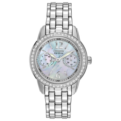 Ladies Citizen Watch FD1030-56Y. This Silhouette Crystal model is shown in a stainless steel case and band with a white mother-of-pearl dial and crystal accents. Features include: Eco-Drive technology, mineral crystal, luminous hands and markers, and water resistant up to 30 meters.