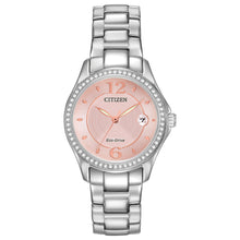 Load image into Gallery viewer, Ladies Citizen Watch FE1140-86X. This Silhouette model is shown in a stainless steel case and band, crystal accent bezel, and a pink dial with a date window. Features include: Eco-Drive technology, luminous hands, mineral crystal, and water resistance up to 50 meters.