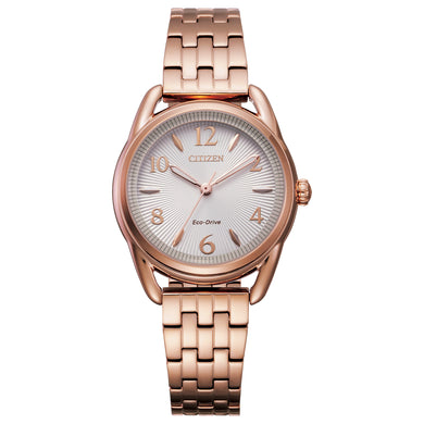 Ladies Citizen Watch FE1213-50A. This watch is shown in a rose gold-tone stainless steel case and band with a silver-white dial. Features include: Eco-Drive technology, luminous hands, and mineral crystal.