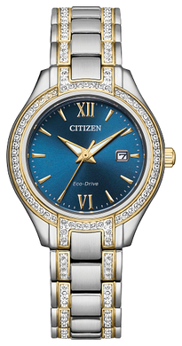 Ladies Citizen Watch FE1234-50L. This Silhouette model is shown in a two tone case and band with crystal accent and a blue dial and a date window. Features include: Eco-Drive technology.
