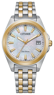Ladies Citizen Watch EO1224-54D. This watch is shown in a two-tone stainless steel case and band and a mother of pearl dial with a date window. Features include: Eco-Drive technology, sapphire crystal, and up to 100 meter water resistance. 