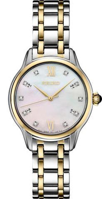 Ladies Seiko Watch SRZ540.  This model is shown in a two tone stainless steel case and band and a mother of pearl dial with diamond accent. Features include: sapphire crystal and water resistance up to 50 meters. 