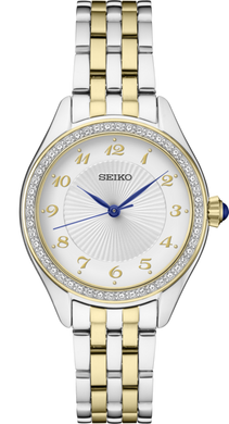 Ladies Seiko Watch SUR392. This model is shown in a two tone case and band and a white patterned dial. Features include: water resistance up to 50 meters. 