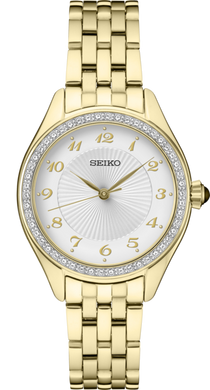 Ladies Seiko Watch SUR394. This model is shown in a yellow tone stainless steel case and band with a white dial and crystal accented bezel. Features include: water resistance up to 50 meters.