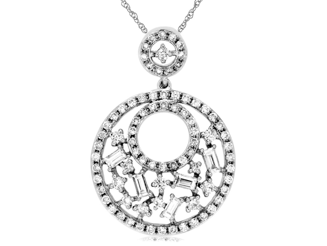 14k White Gold Round and Baguette Diamonds Pendant