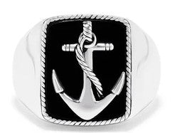 Men's Sterling Silver Onyx Anchor Ring