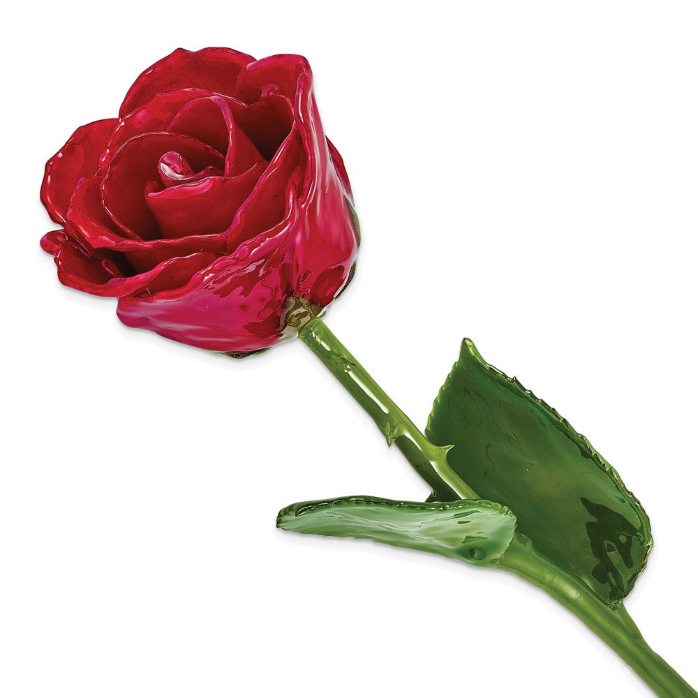 Lacquer Dipped Natural Red Rose w/Green Leaves and Stem
