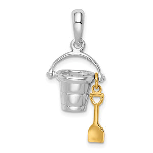 Sterling Silver Polished 3D Moveable Bucket w/14k Shovel Pendant
