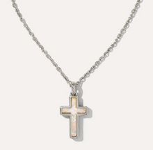 Load image into Gallery viewer, Cross Silver Pendant Necklace in White Lab Grown Opal
