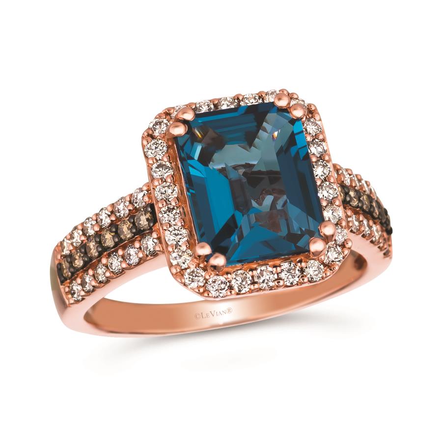14K Strawberry Gold® Ring | Deep Sea Blue Topaz™ 3 1/2 cts. | Nude Diamonds™ 1/2 cts., Chocolate Diamonds® 1/10 cts.
