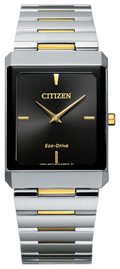 Gents Citizen Watch AR3104-55E. This timepiece is shown in a two-tone stainless steel case and band with a rectangular black dial. Features include: Eco-Drive technology and sapphire crystal. 