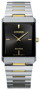 Gents Citizen Watch AR3104-55E. This timepiece is shown in a two-tone stainless steel case and band with a rectangular black dial. Features include: Eco-Drive technology and sapphire crystal. 