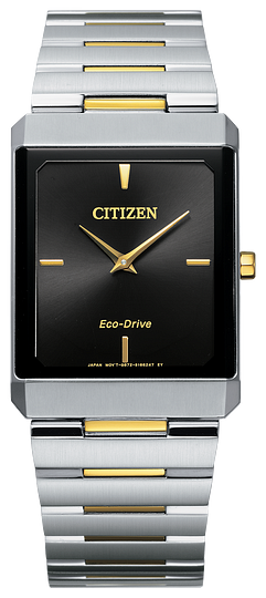 Gents Citizen Watch AR3104-55E. This timepiece is shown in a two-tone stainless steel case and band with a rectangular black dial. Features include: Eco-Drive technology and sapphire crystal. 