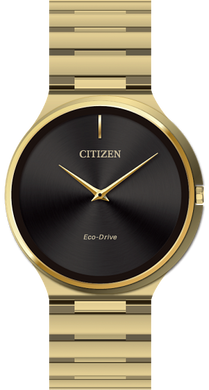  Gents Citizen Watch AR3112-57E. This Stiletto model is shown in a gold tone stainless steel case and band with a black dial. Features include: Eco-Drive technology and sapphire crystal. 