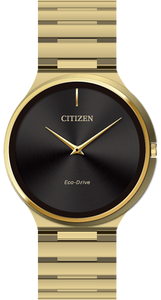  Gents Citizen Watch AR3112-57E. This Stiletto model is shown in a gold tone stainless steel case and band with a black dial. Features include: Eco-Drive technology and sapphire crystal. 