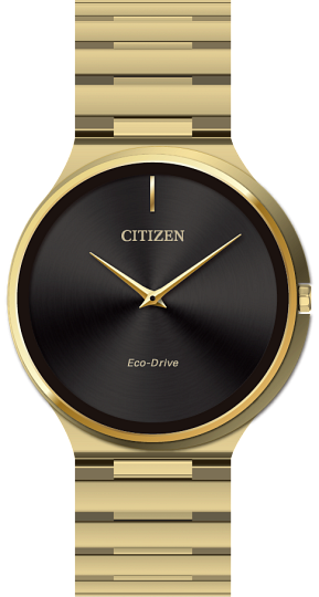  Gents Citizen Watch AR3112-57E. This Stiletto model is shown in a gold tone stainless steel case and band with a black dial. Features include: Eco-Drive technology and sapphire crystal. 