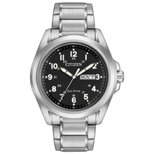 Load image into Gallery viewer,  Gents Citizen Watch AW0050-82E. OFF This classic watch is shown in a stainless steel case and band with a black dial containing white Arabic numbers and a day and date window. Features: Eco-Drive technology, luminous hands and markers, mineral crystal, and water resistance up to 100 meters. 
