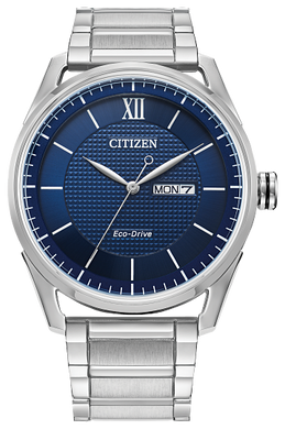 Gents Citizen Watch AW0081-54L. This timepiece is shown in a stainless steel case and band and a navy blue dial with a day and date window. Features include: Eco-Drive technology, mineral crystal, and up to 100 meter water resistance. 