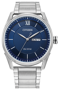 Gents Citizen Watch AW0081-54L. This timepiece is shown in a stainless steel case and band and a navy blue dial with a day and date window. Features include: Eco-Drive technology, mineral crystal, and up to 100 meter water resistance. 