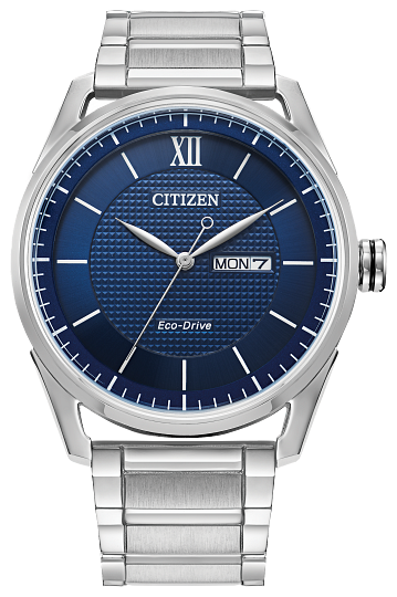 Gents Citizen Watch AW0081-54L. This timepiece is shown in a stainless steel case and band and a navy blue dial with a day and date window. Features include: Eco-Drive technology, mineral crystal, and up to 100 meter water resistance. 