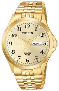 Gents Citizen Watch BF5002-99P. This watch is shown in a gold-tone stainless steel case, a gold-tone expansion band, and a champagne dial with a day and date window. Features include: quartz movement, mineral crystal, and water resistance up to 50 meters. 