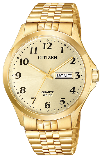 Gents Citizen Watch BF5002-99P. This watch is shown in a gold-tone stainless steel case, a gold-tone expansion band, and a champagne dial with a day and date window. Features include: quartz movement, mineral crystal, and water resistance up to 50 meters. 