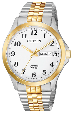 Gents Citizen Watch BF5004-93A. This watch is shown in a two-tone stainless steel case, two-tone expansion band, and a white dial with a day and date window. Features include: quartz movement features, mineral crystal, and water resistance up to 50 meters.