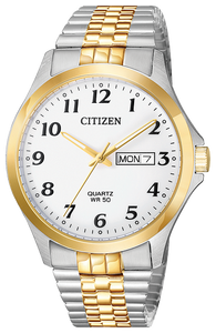 Gents Citizen Watch BF5004-93A. This watch is shown in a two-tone stainless steel case, two-tone expansion band, and a white dial with a day and date window. Features include: quartz movement features, mineral crystal, and water resistance up to 50 meters.