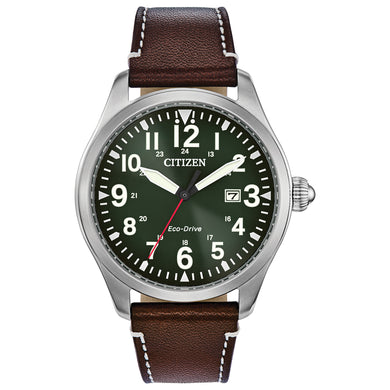  Gents Citizen Watch BM6838-09X. This Chandler model is shown in a stainless steel case, a dark brown leather strap, and an evergreen dial with a date window. Features include: Eco-Drive technology, mineral crystal, and up to 100 meter water resistance. 